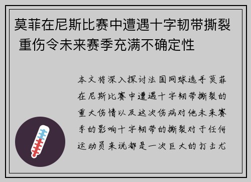 莫菲在尼斯比赛中遭遇十字韧带撕裂 重伤令未来赛季充满不确定性